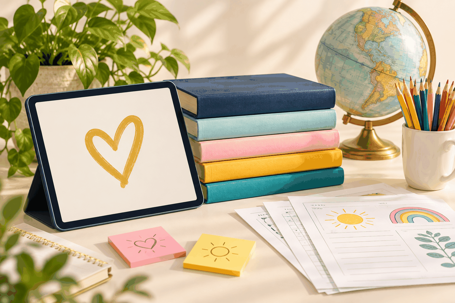 Colorful teaching books, a tablet with a gold heart, pencils, worksheets, and a globe on a sunlit desk