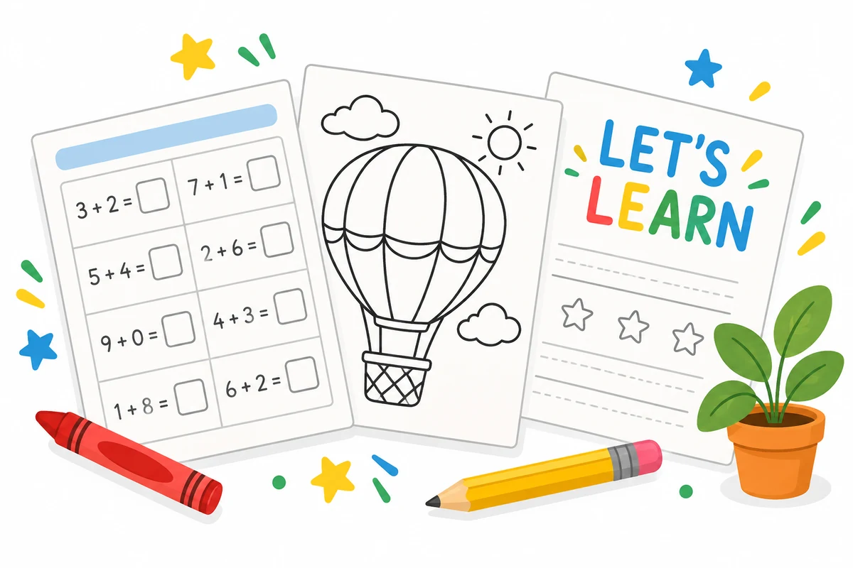 Printable worksheets with a math grid, a hot air balloon coloring page and a Let's Learn sheet, beside a crayon, a pencil and a small plant