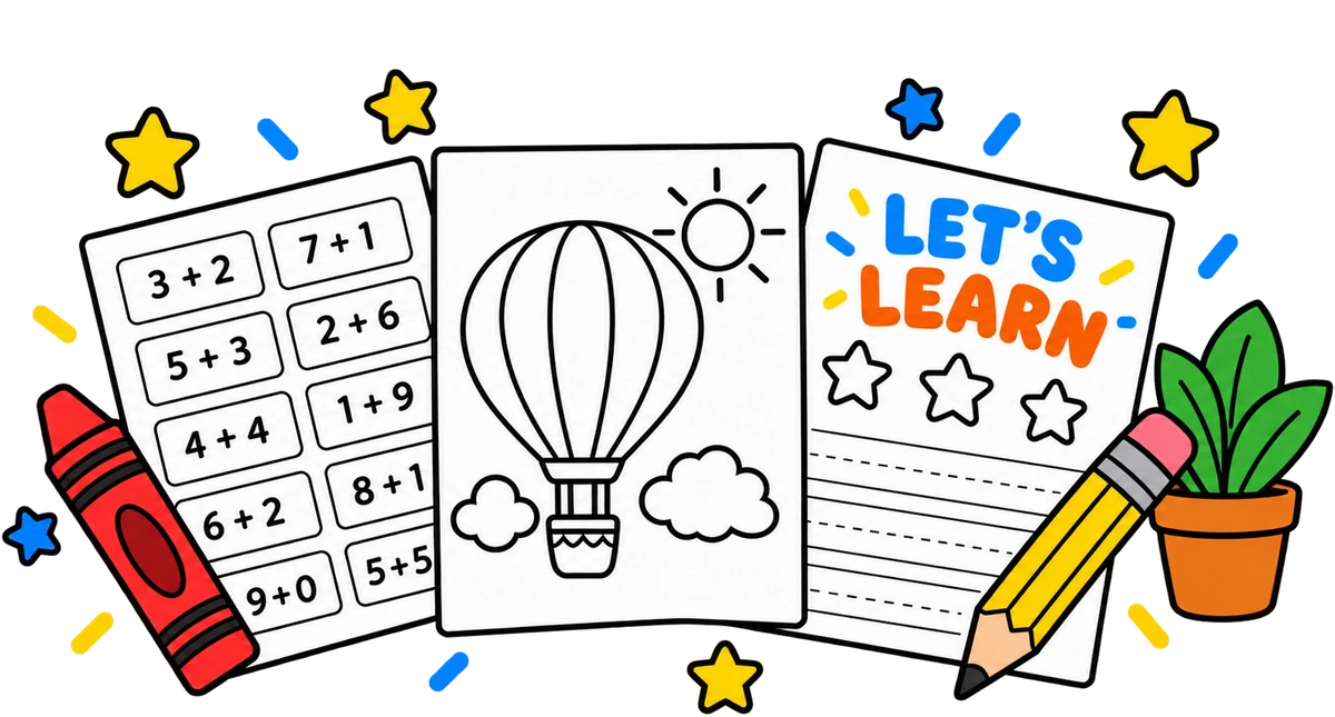 Printable worksheets with a math grid, a hot air balloon coloring page and a Let's Learn sheet, beside a crayon, a pencil and a small plant