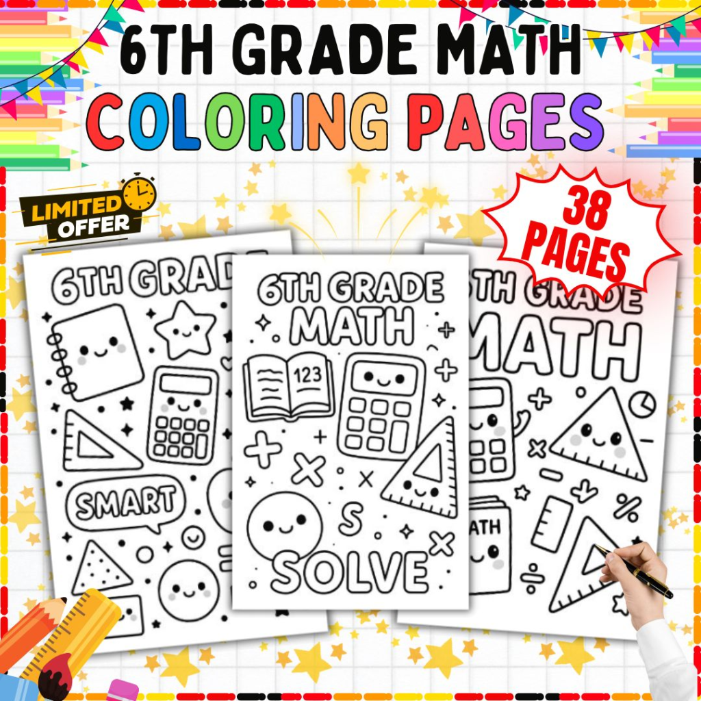 6th Grade Math Coloring Pages | Math Doodle Sheets | Calculator Ruler Designs