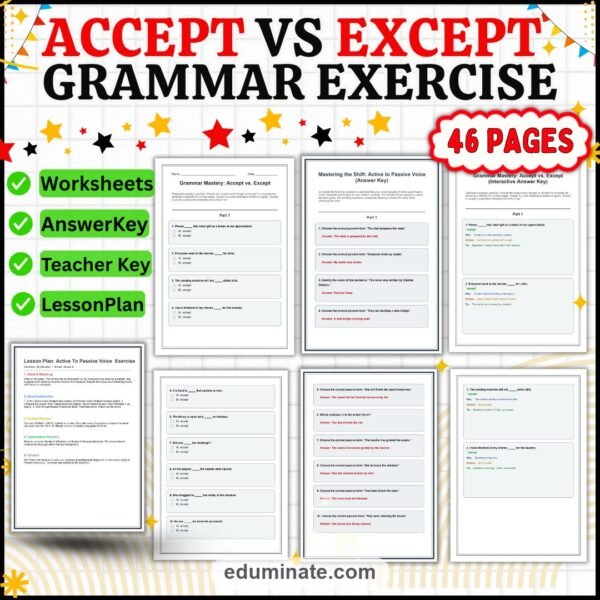Accept vs Except Worksheets | Grammar Practice | Reading Passage Activity Pages — resource cover