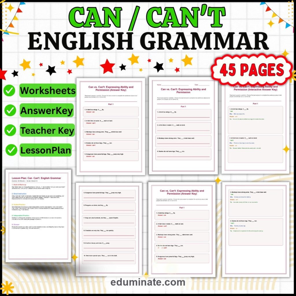 Can vs Can’t Worksheets | English Grammar Practice | Ability Permission Set