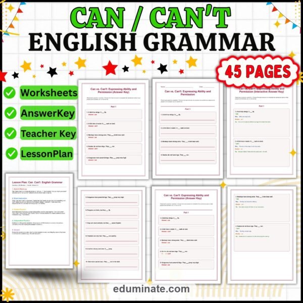 Can vs Can't Worksheets | English Grammar Practice | Ability Permission Set — resource cover
