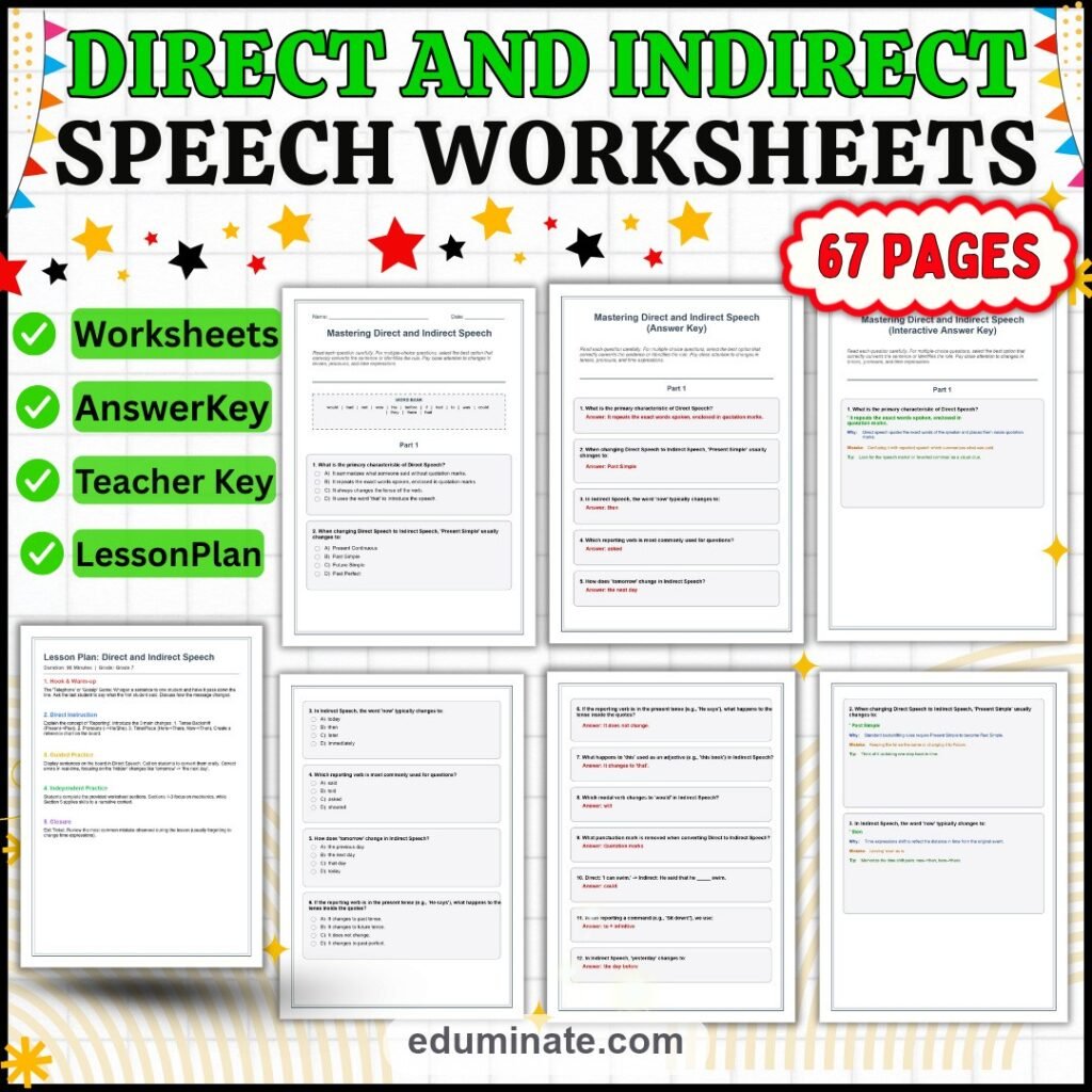 Direct and Indirect Speech Worksheets | Reported Speech Practice | Grammar Set