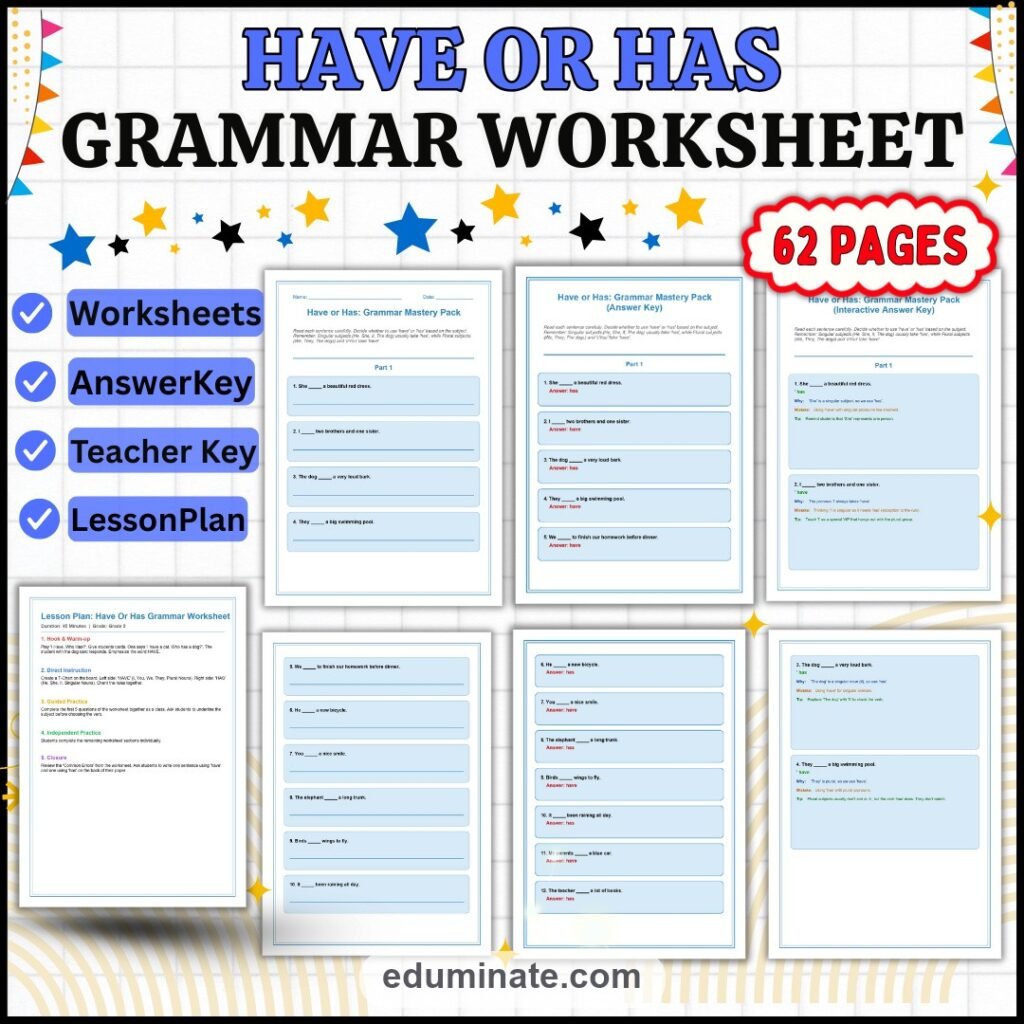 Subject Verb Agreement Worksheets | Have Has Practice | Grammar Activities Pack