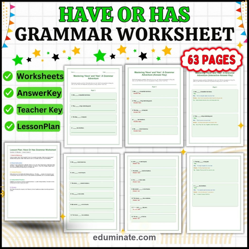 Have or Has Worksheet | Subject Verb Agreement Practice | Grammar Printables