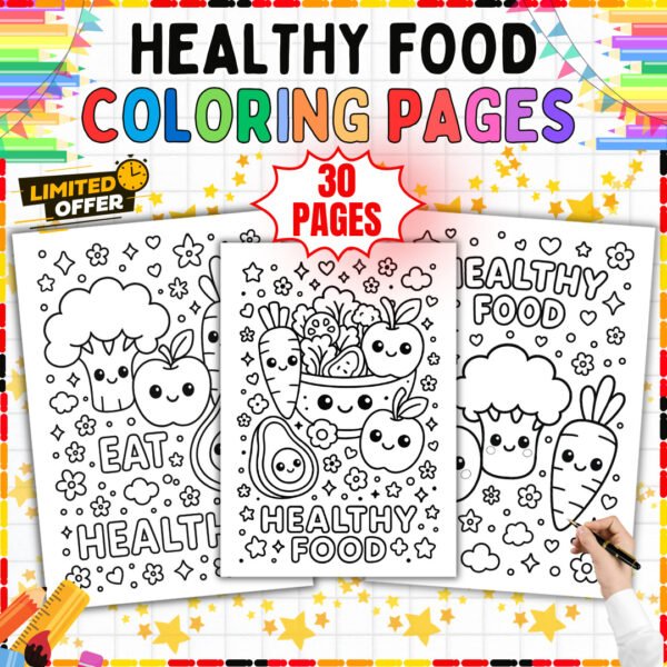 Healthy Eating Coloring Pages | Kawaii Fruit and Veggie Printables | 30 Pages — resource cover