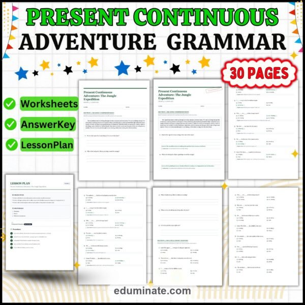 Present Continuous Tense Worksheets | Jungle Expedition ESL Grammar Practice — resource cover