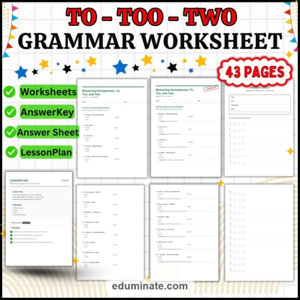 To Too Two Worksheet | Homophones Grammar Practice | Multiple Choice Questions — resource cover