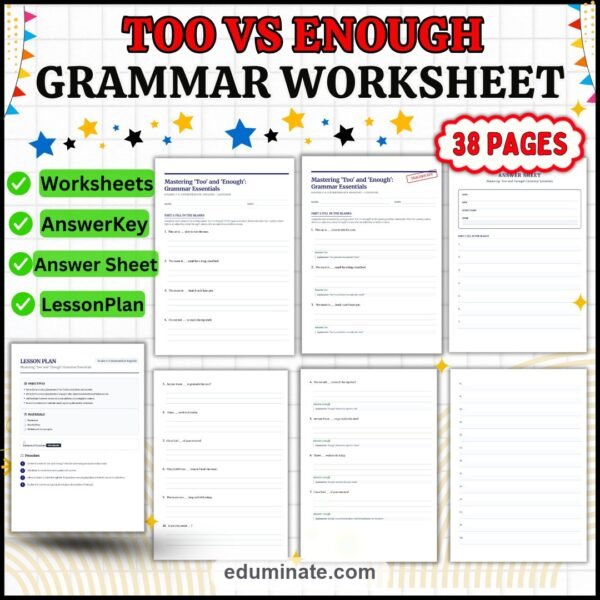 Too Vs Enough Worksheets | Grammar Practice Activities | Fill In The Blank Set — resource cover