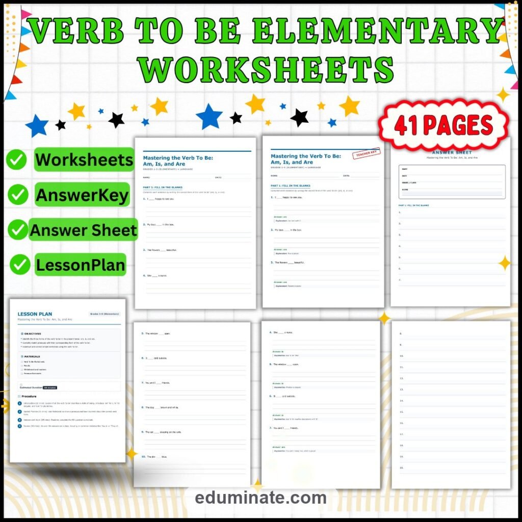 Verb To Be Worksheets | Am Is Are Practice | Grammar Fill In The Blank Set