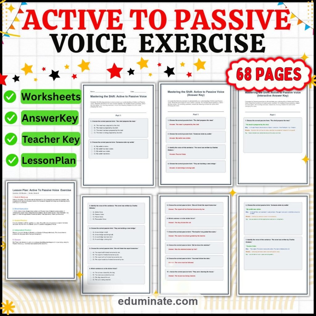 Active to Passive Voice Worksheet | Grammar Practice | Printable ELA Activity