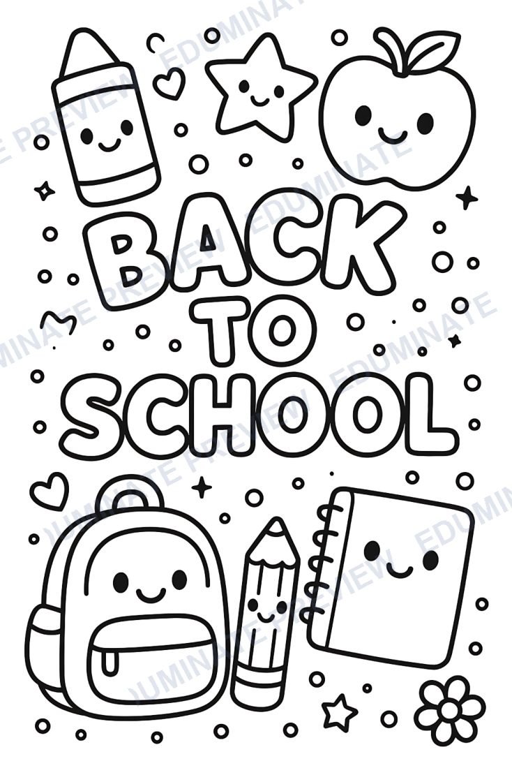 Preview sheet 1 of Back to School Coloring Pages (32 Printable First Week of School Sheets)