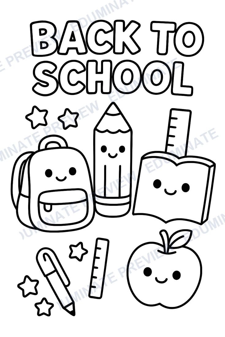 Preview sheet 2 of Back to School Coloring Pages (32 Printable First Week of School Sheets)