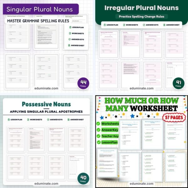 Nouns Worksheets Bundle | Plurals, Possessives and Countable Nouns Practice — resource cover