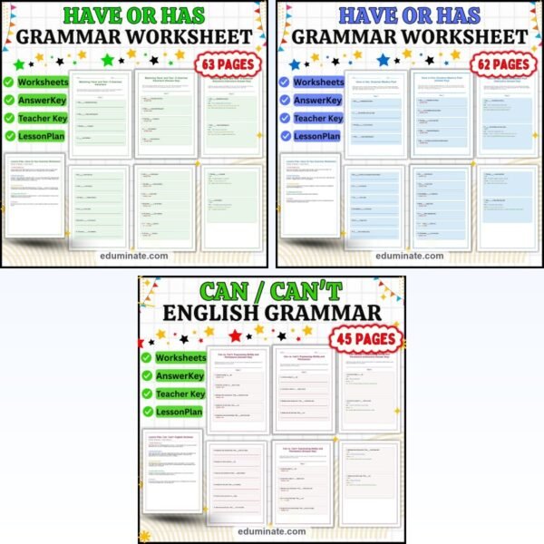 Have or Has Worksheets Bundle | Can or Can't Grammar for Beginners — resource cover