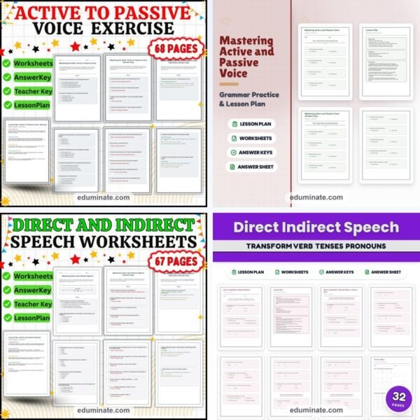 Active and Passive Voice and Reported Speech Worksheets Bundle | 4 Packets — resource cover