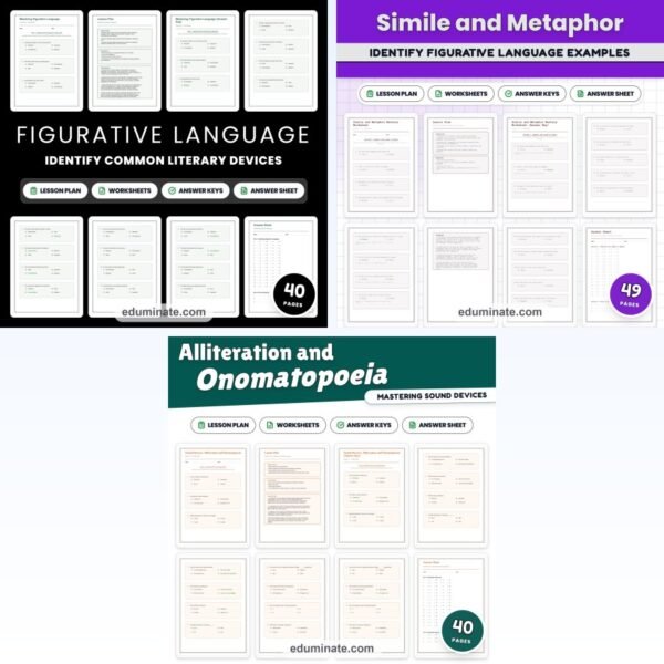Figurative Language Worksheets Bundle | Simile, Metaphor, Idioms, Alliteration Practice — resource cover