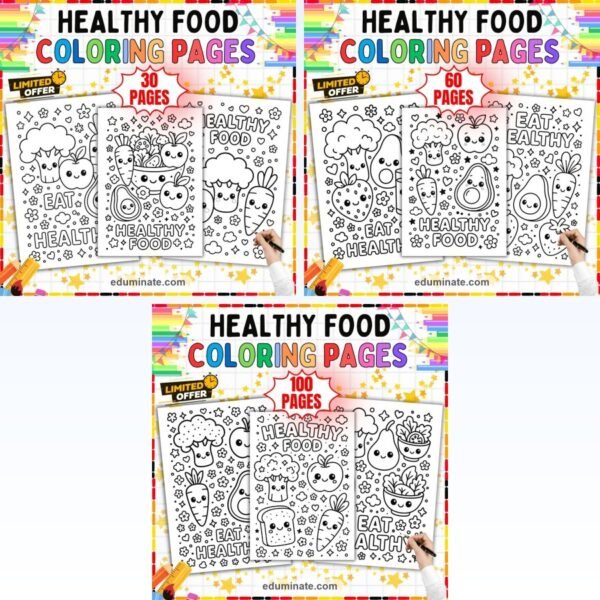 Healthy Food Coloring Pages Bundle | Kawaii Fruit and Vegetable Coloring Sheets — resource cover