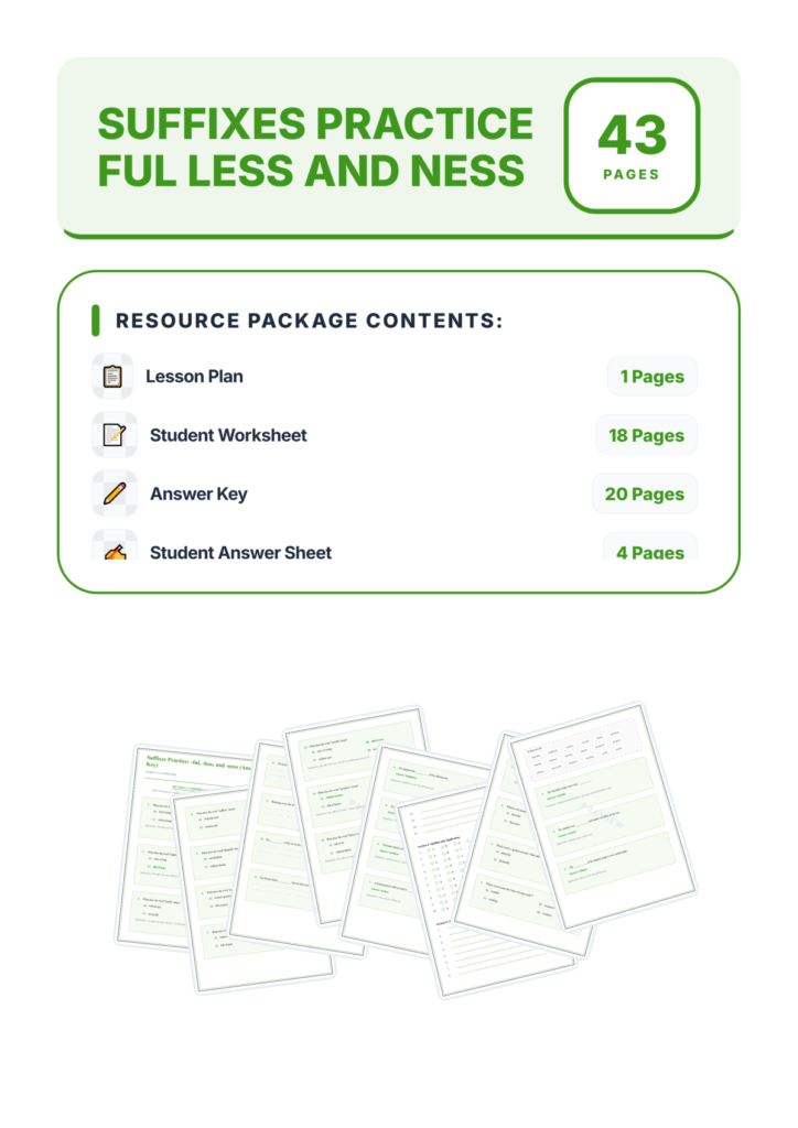 Suffixes -ful -less -ness Worksheets, Word Meaning Practice with Answer Key preview page