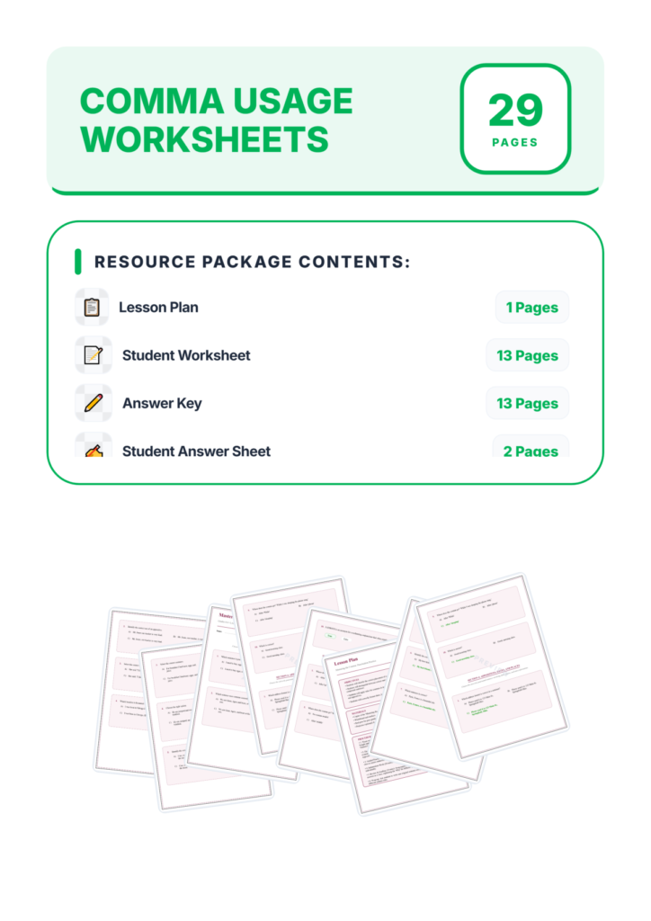 Comma Usage Worksheet Packet - Series Introductory Clauses and Dates Rules preview page