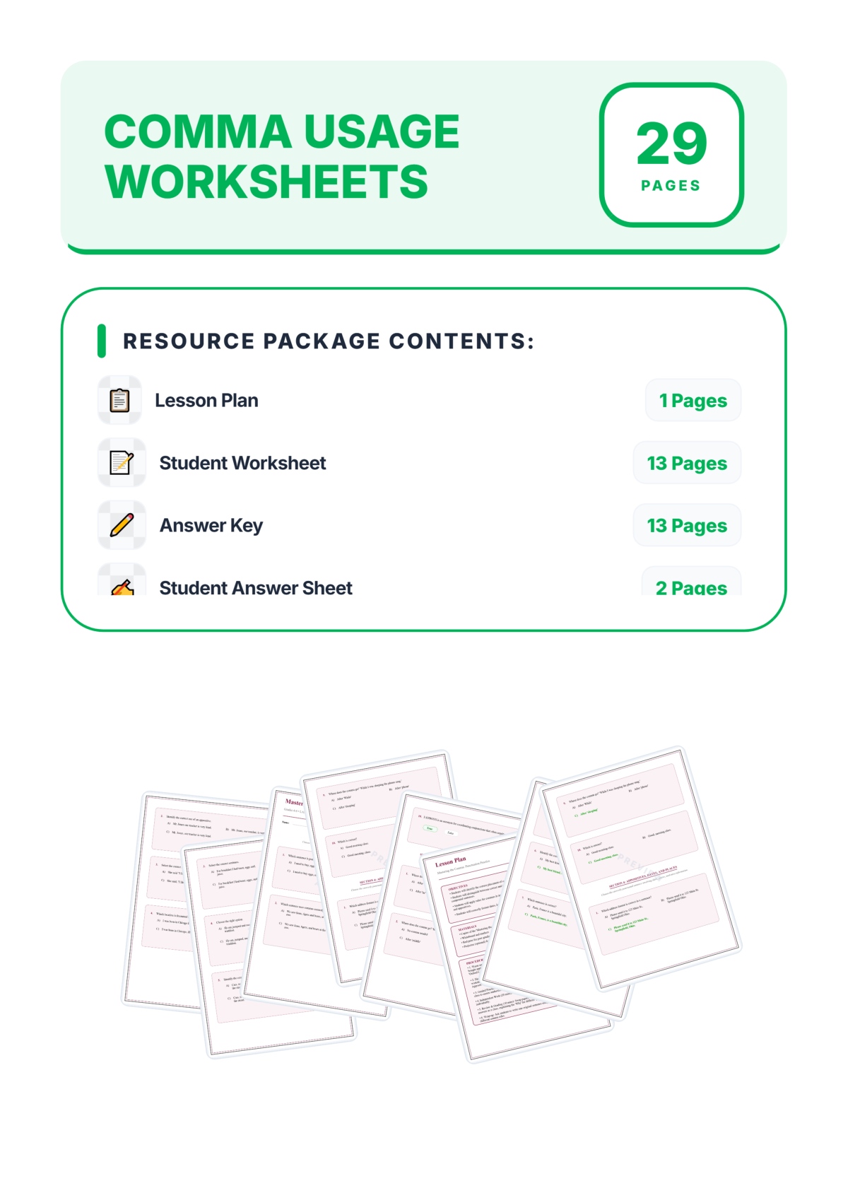 Preview sheet 1 of Comma Usage Worksheet Packet – Series Introductory Clauses and Dates Rules