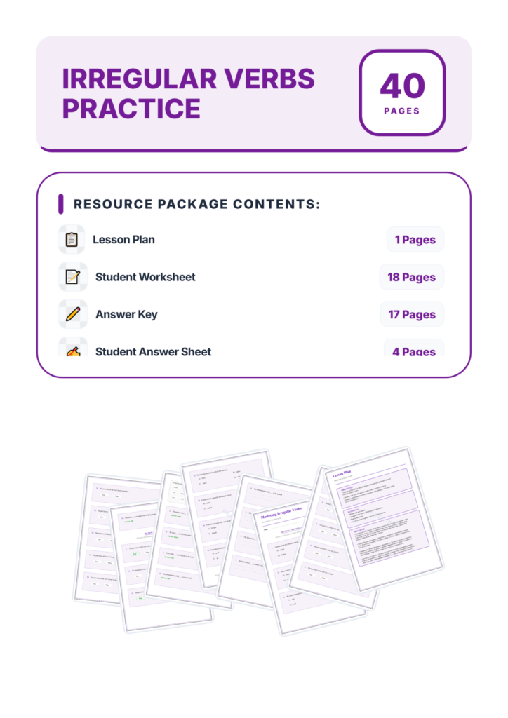 Irregular Verbs Practice Worksheets - Past Tense & Past Participle Grammar preview page