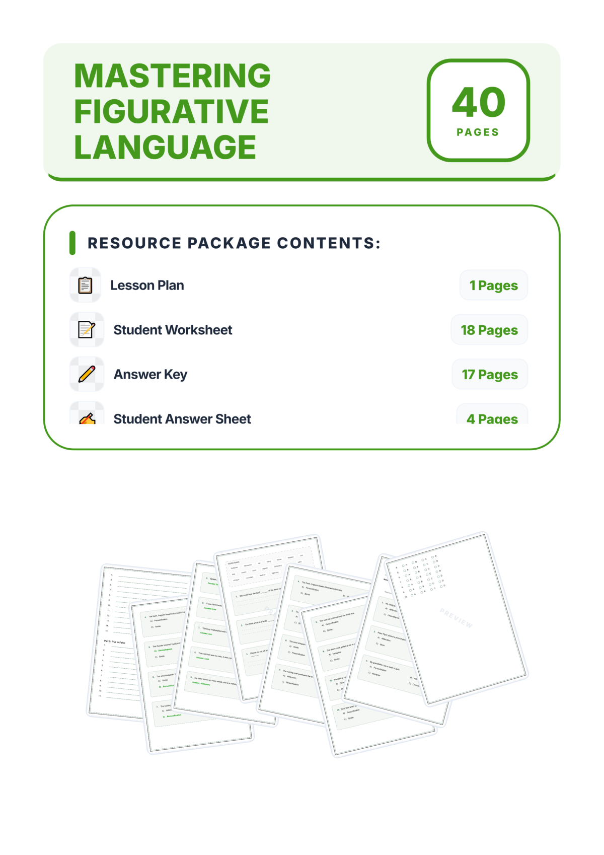 Preview sheet 1 of Figurative Language Worksheets – Simile Metaphor Personification & Idioms