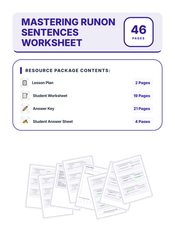 Run-On Sentences Worksheets - Comma Splices and Fused Sentence Practice Set preview page