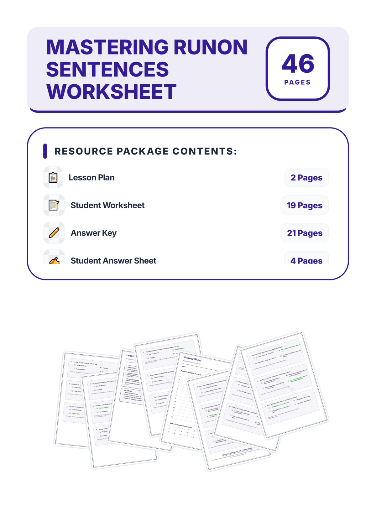 Preview sheet 1 of Run-On Sentences Worksheets – Comma Splices and Fused Sentence Practice Set