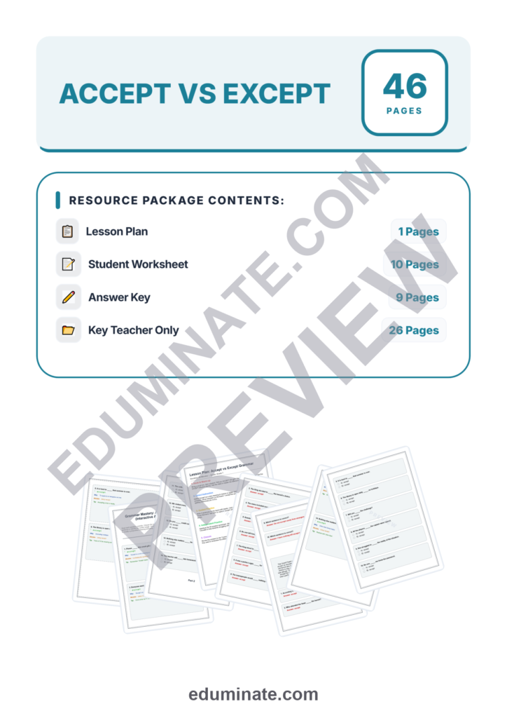 Accept vs Except Worksheets | Grammar Practice | Reading Passage Activity Pages preview page