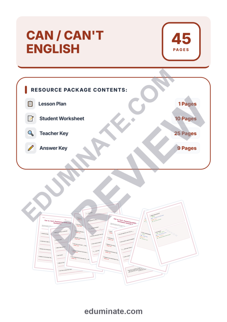 Can vs Can't Worksheets | English Grammar Practice | Ability Permission Set preview page