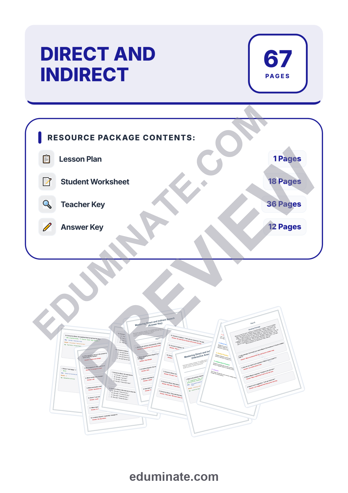 Preview sheet 1 of Direct and Indirect Speech Worksheets | Reported Speech Practice | Grammar Set