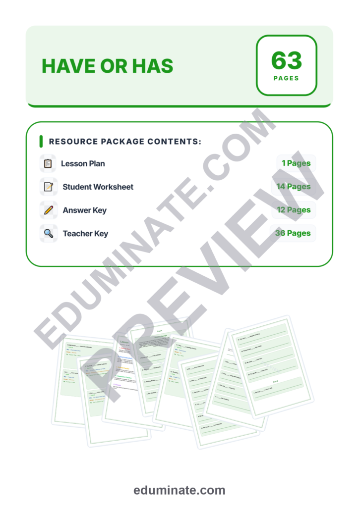 Have or Has Worksheet | Subject Verb Agreement Practice | Grammar Printables preview page
