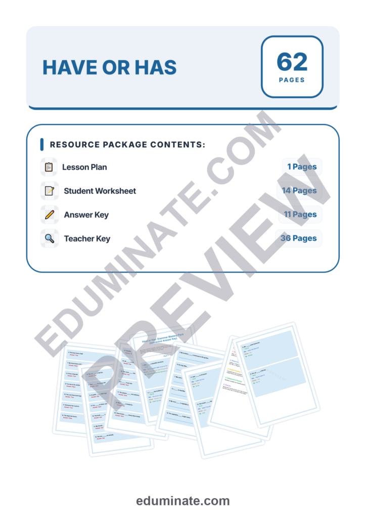 Subject Verb Agreement Worksheets | Have Has Practice | Grammar Activities Pack preview page