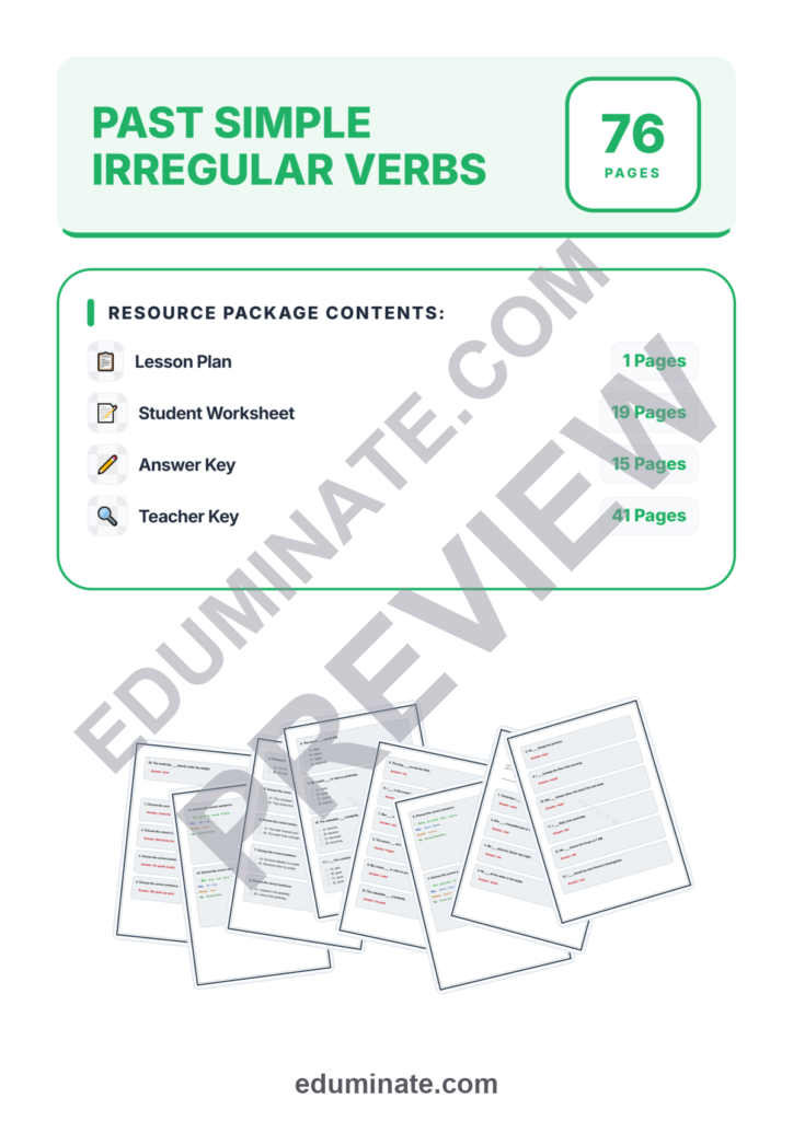 Past Simple Irregular Verbs Worksheets | Fill In Activity | Grammar Practice Set preview page