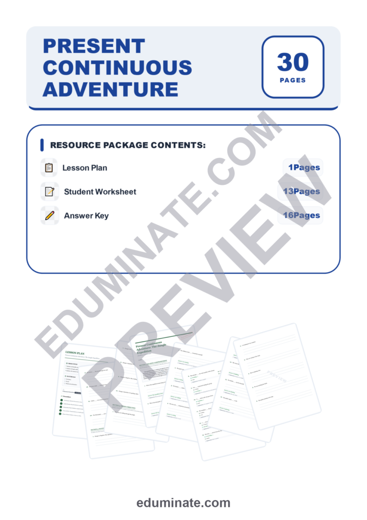 Present Continuous Tense Worksheets | Jungle Expedition ESL Grammar Practice preview page