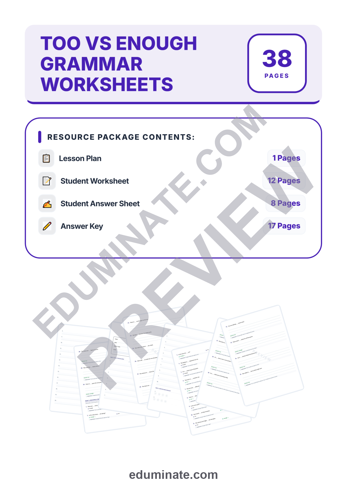 Preview sheet 1 of Too Vs Enough Worksheets | Grammar Practice Activities | Fill In The Blank Set