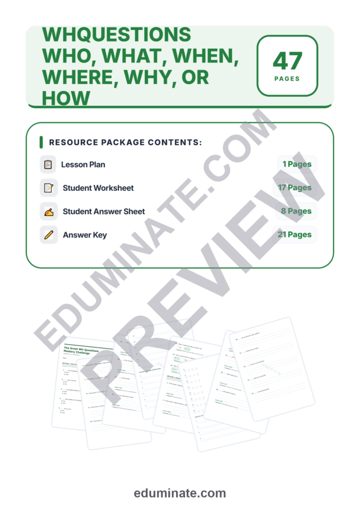 Wh Questions Worksheets | Who What When Where Why How | Question Words Practice preview page