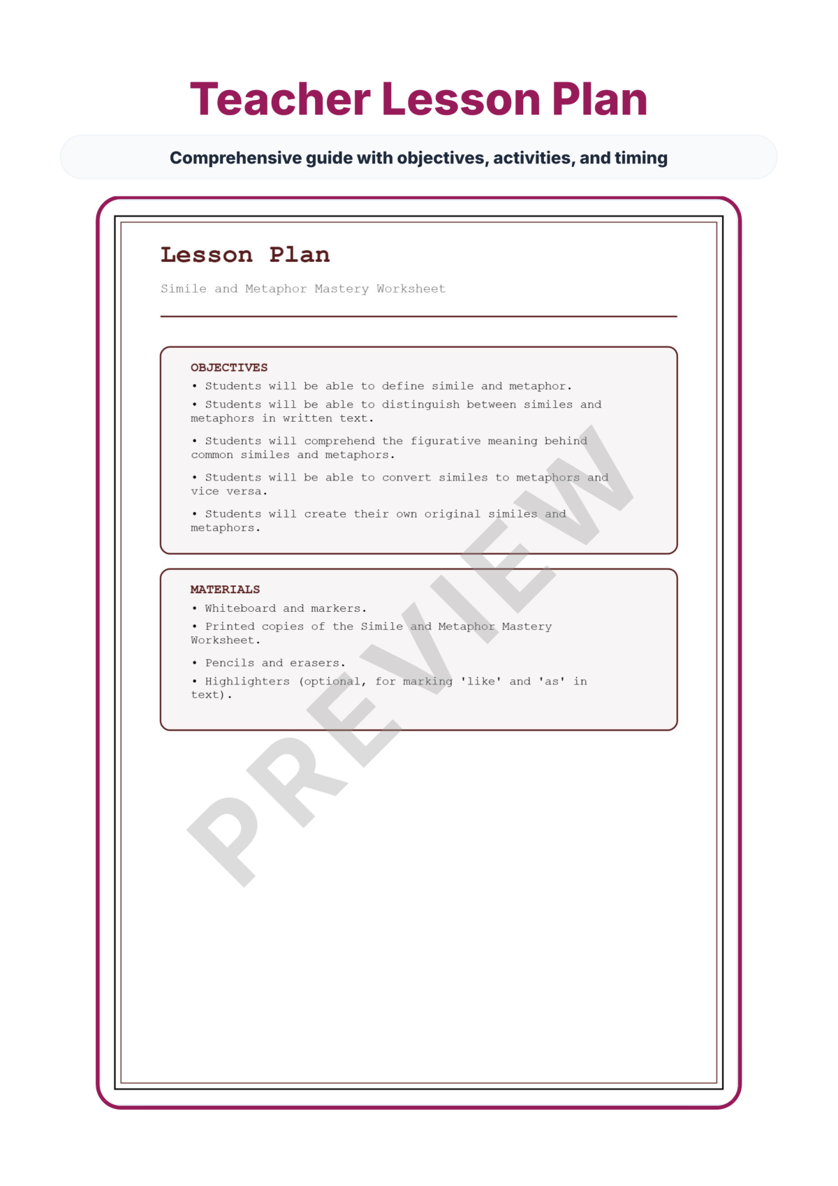 Preview sheet 2 of Simile and Metaphor Worksheets | Figurative Language Practice with Answer Key