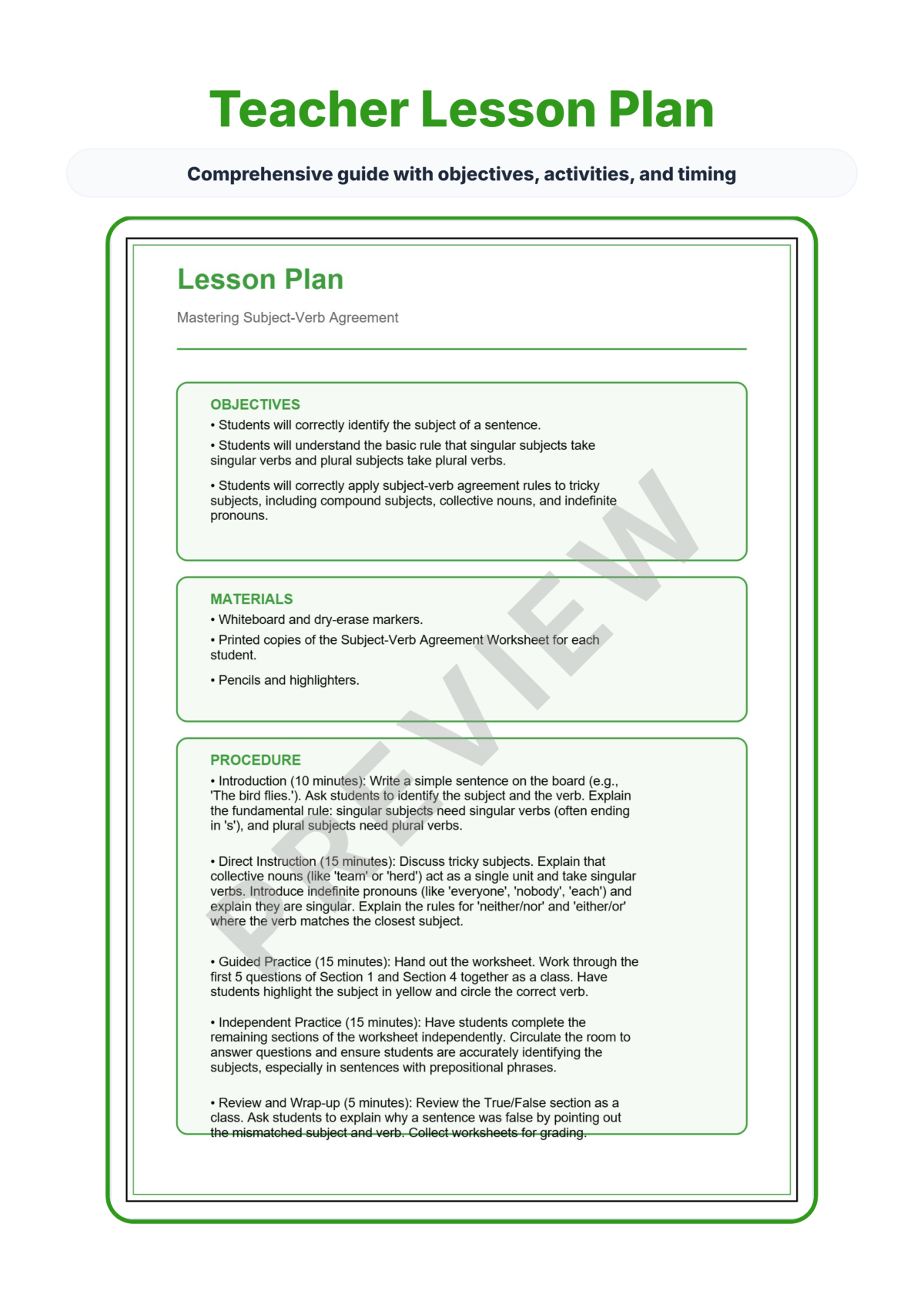 Preview sheet 2 of Subject-Verb Agreement Worksheet | Grammar Practice | Answer Key and Lesson Plan