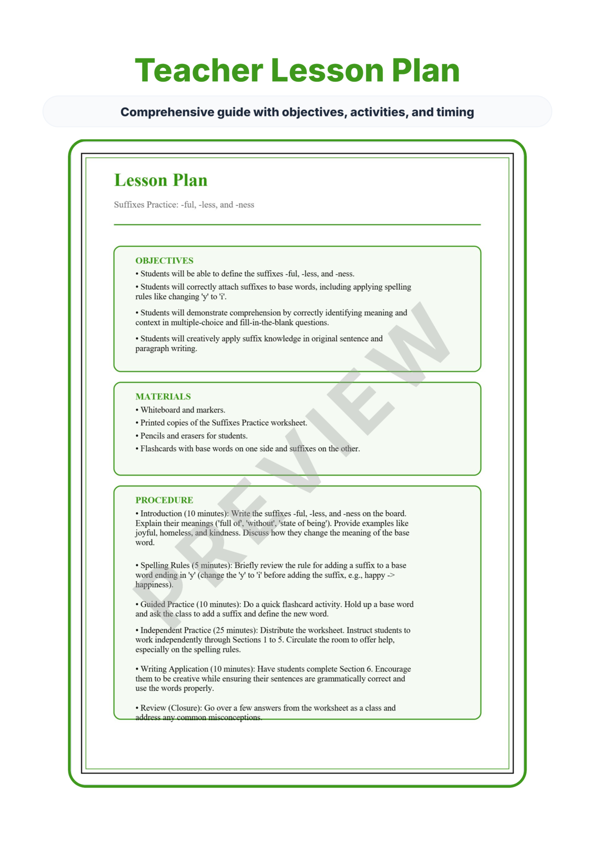 Preview sheet 2 of Suffixes -ful -less -ness Worksheets, Word Meaning Practice with Answer Key