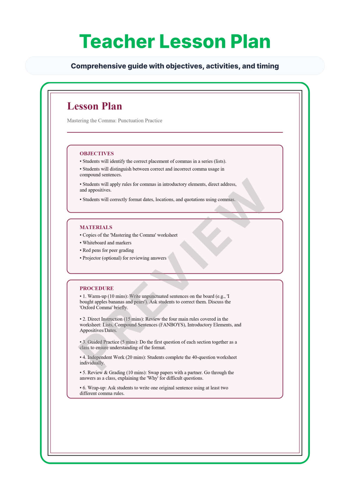 Preview sheet 2 of Comma Usage Worksheet Packet – Series Introductory Clauses and Dates Rules