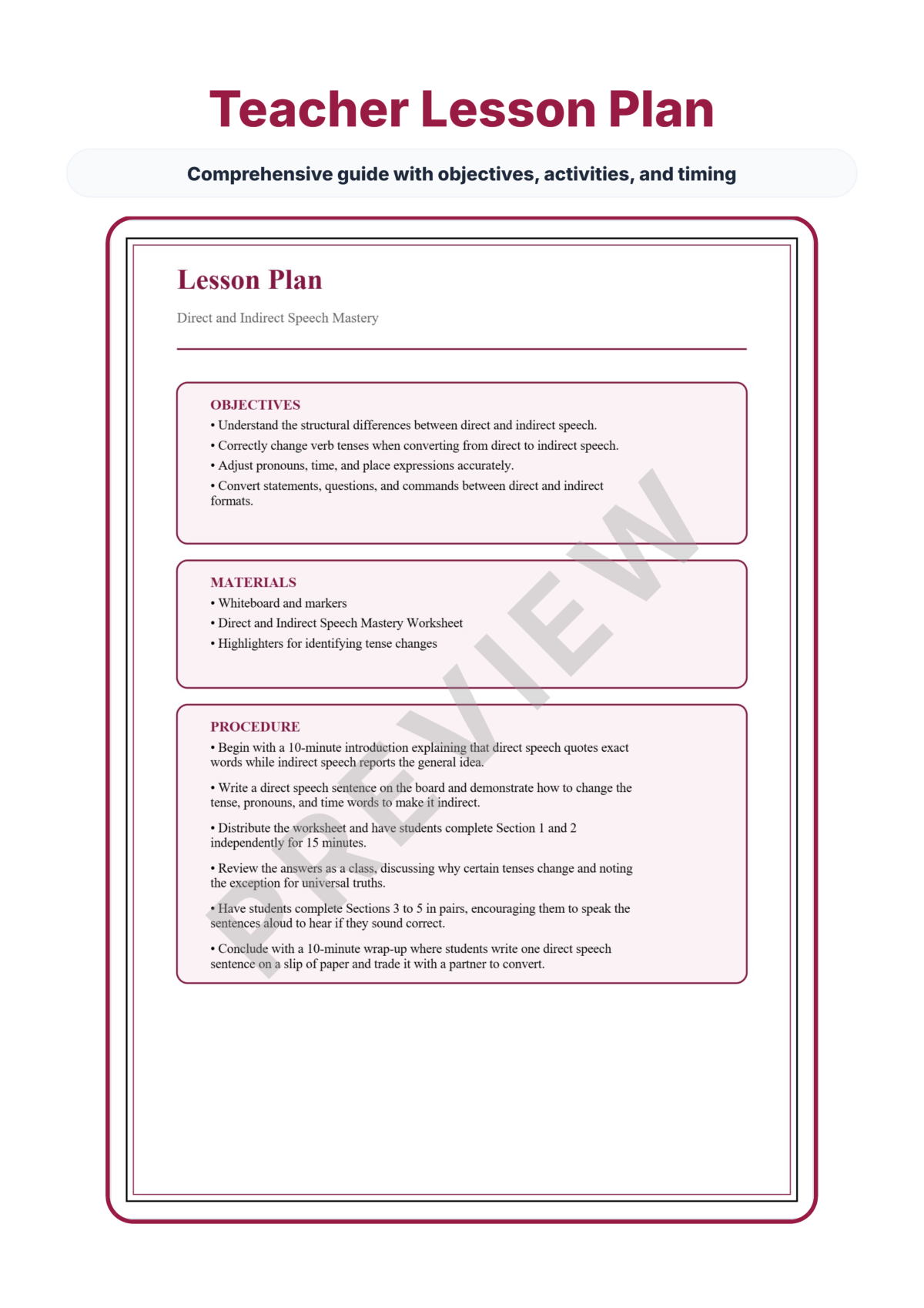 Preview sheet 2 of Direct and Indirect Speech Worksheets – Reported Speech & Dialogue Practice