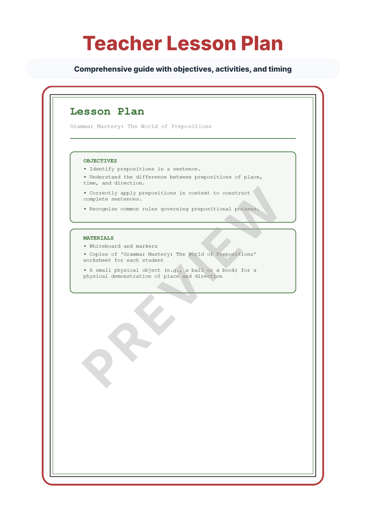 Preview sheet 2 of Prepositions and Prepositional Phrases Worksheets – Time Place & Direction