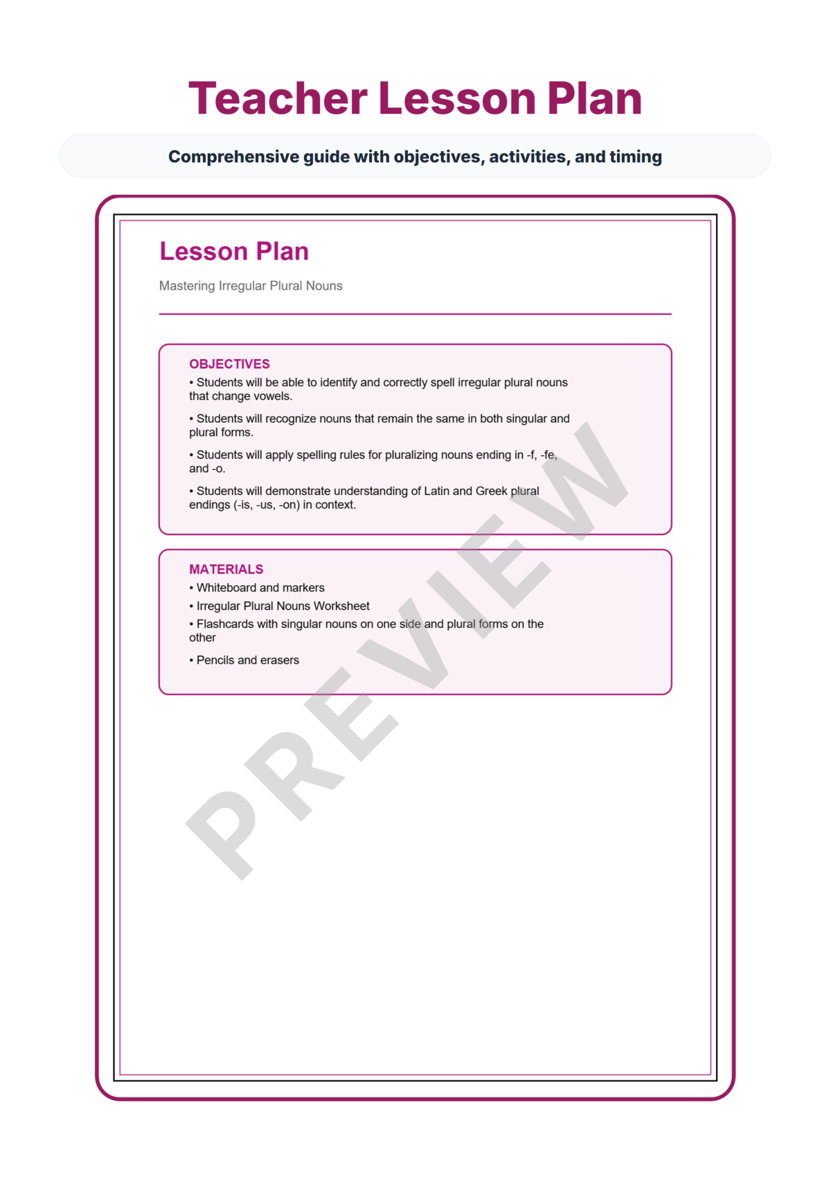 Preview sheet 2 of Irregular Plural Nouns Worksheet Packet – Spelling Rules & Plural Practice
