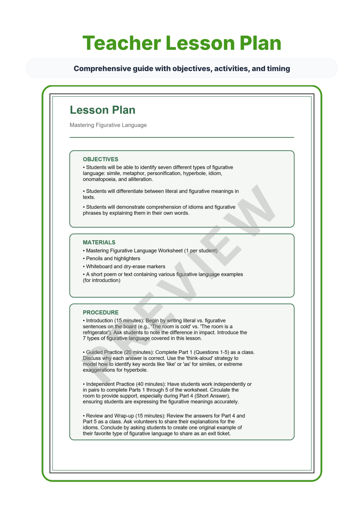 Preview sheet 2 of Figurative Language Worksheets – Simile Metaphor Personification & Idioms