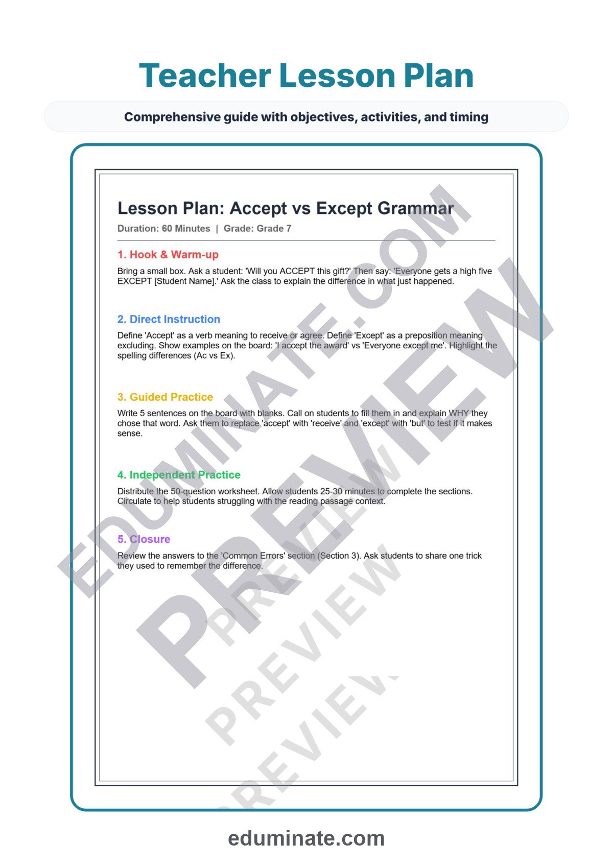 Preview sheet 2 of Accept vs Except Worksheets | Grammar Practice | Reading Passage Activity Pages
