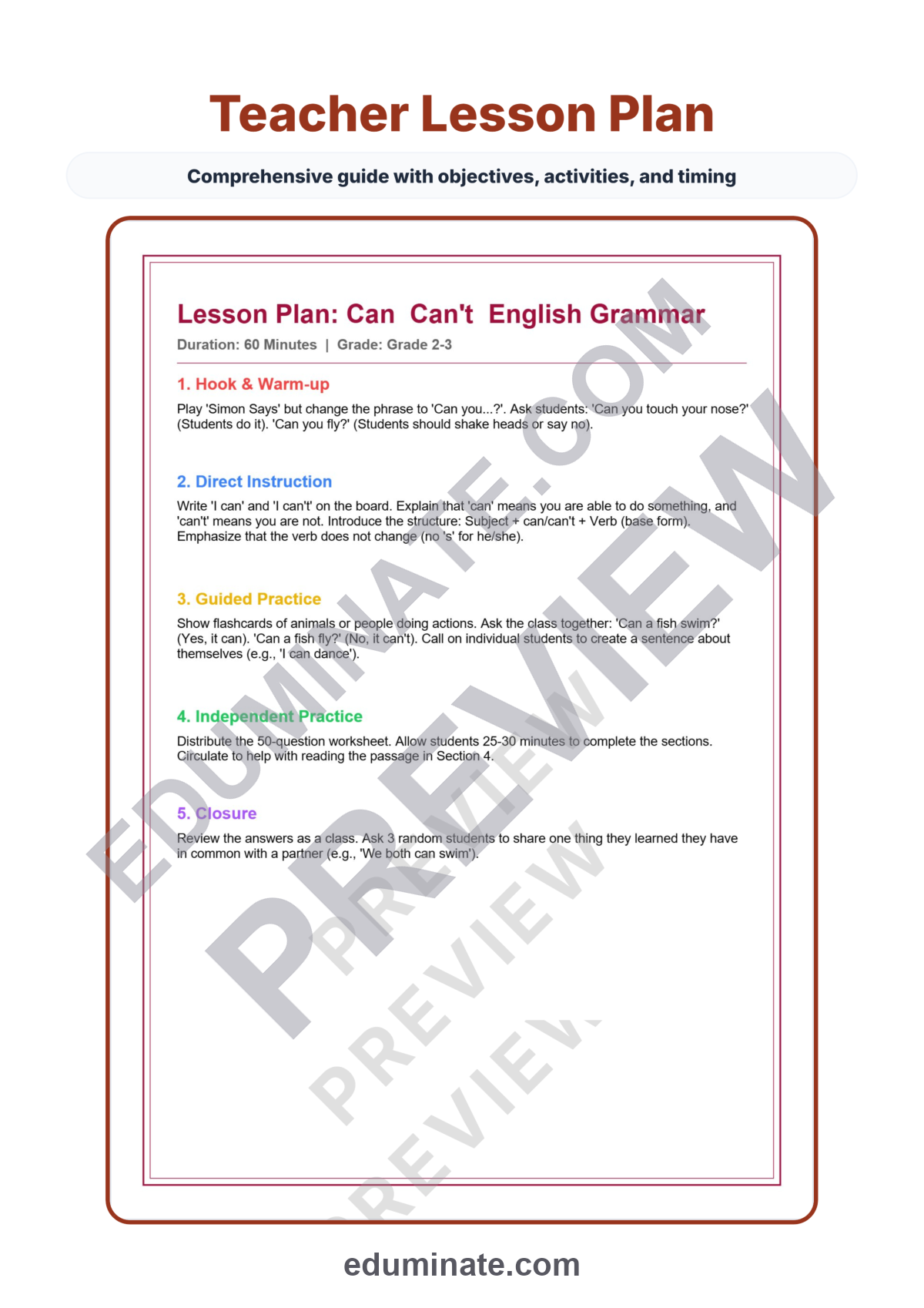 Preview sheet 2 of Can vs Can’t Worksheets | English Grammar Practice | Ability Permission Set