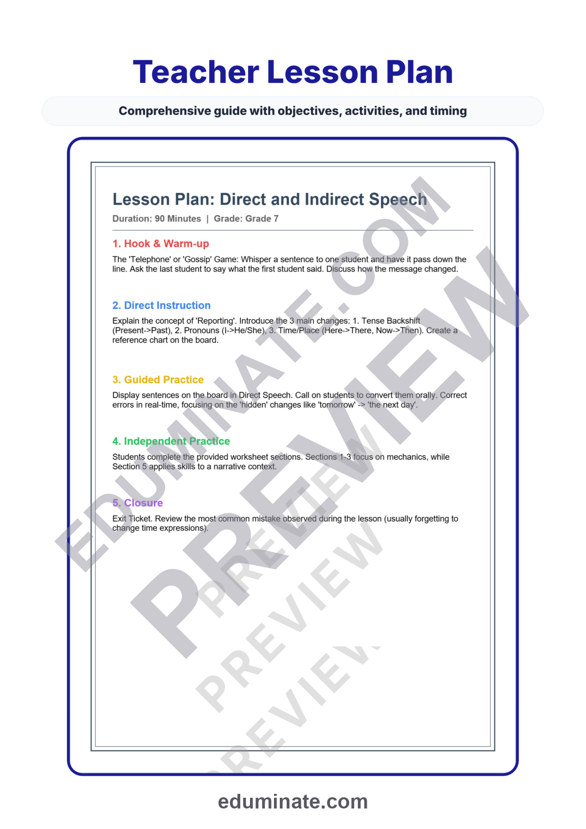Preview sheet 2 of Direct and Indirect Speech Worksheets | Reported Speech Practice | Grammar Set